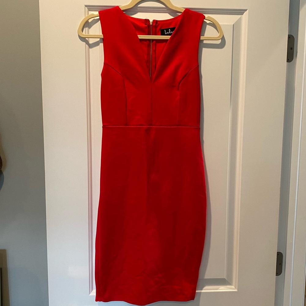 Red cocktail dress with gold zipper